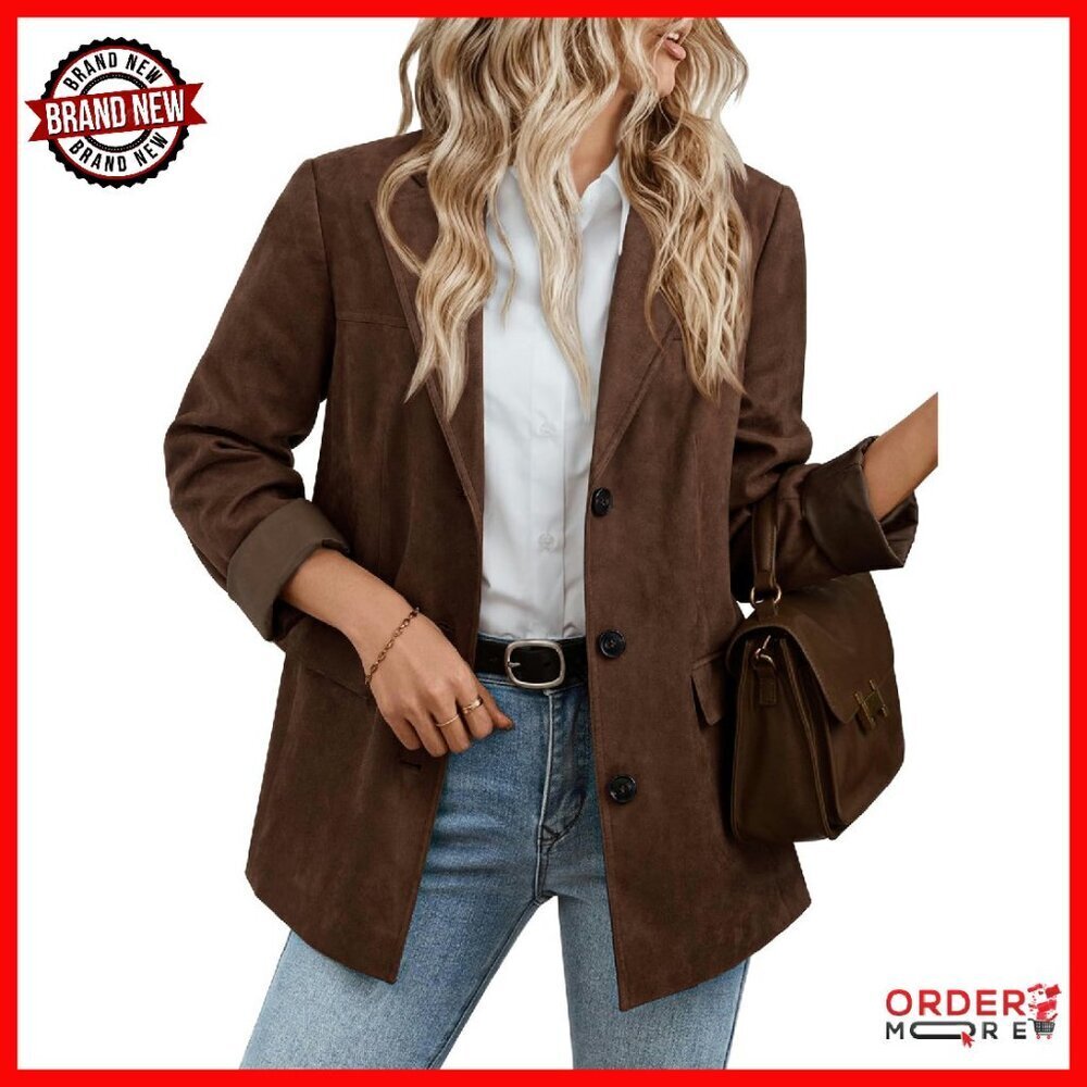 Faux Suede Blazer with Pockets, Business Casual Long Sleeve Jacket